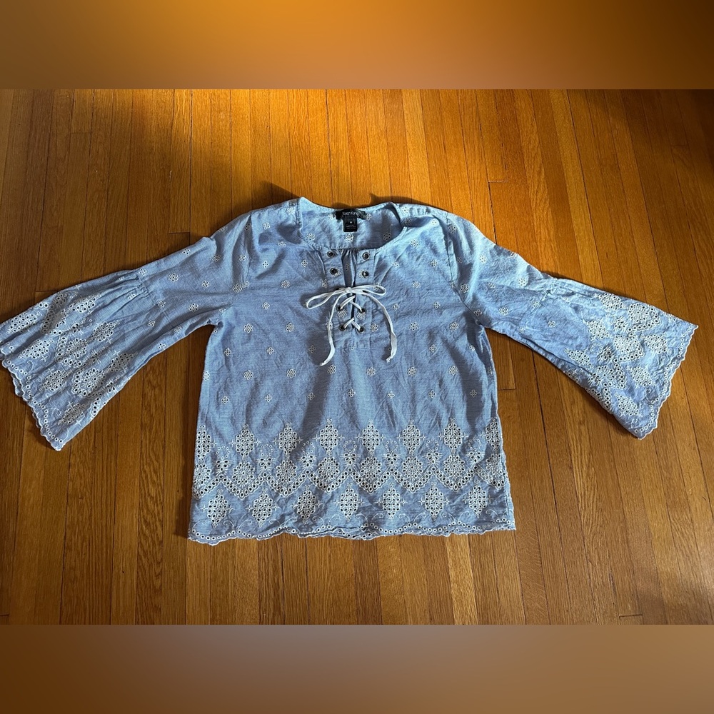 Karen Kane Cotton Striped Lace & Lace-Up Top with Bell Sleeves, Size M